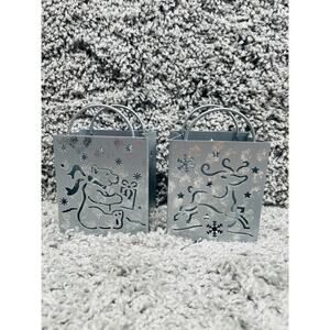 Lot of 2 Gray Metal Tealight Candle Holder Gift Bag Holiday Bear Reindeer Design